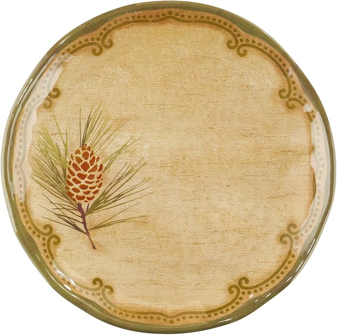 UP UPware Woodland Pinecone Melamine Round Dessert Plates, Small Serving Plates, for Appetizer, Snacks, and Side Dishes, Beige and Green, 6 Inch, Set of 4