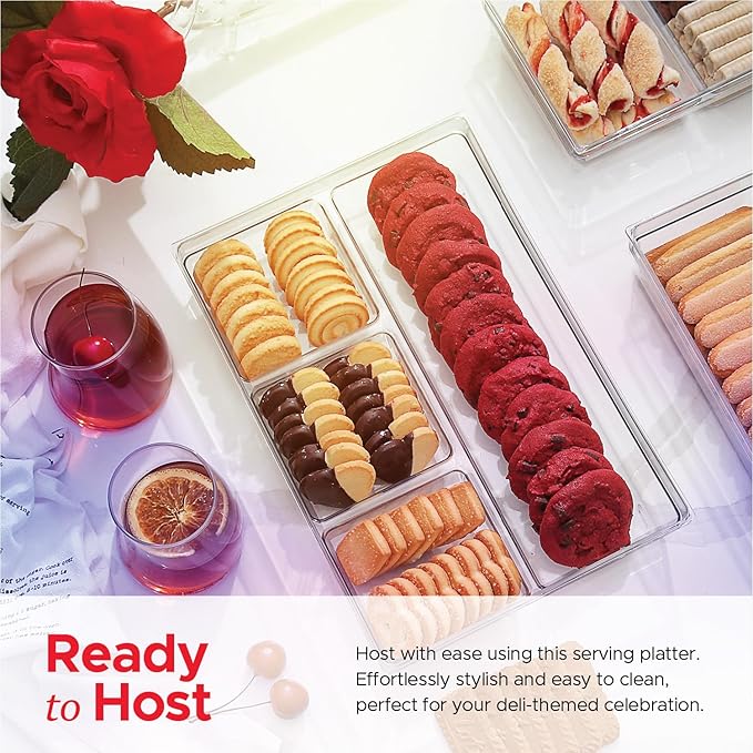 2 Pack 4-Section Serving Platter & Clear Acrylic Party Tray - BPA Free Food, Cookie & Charcuterie Tray for Cheese, Fruit & Snacks - Elegant, Durable Design for Every Occasion
