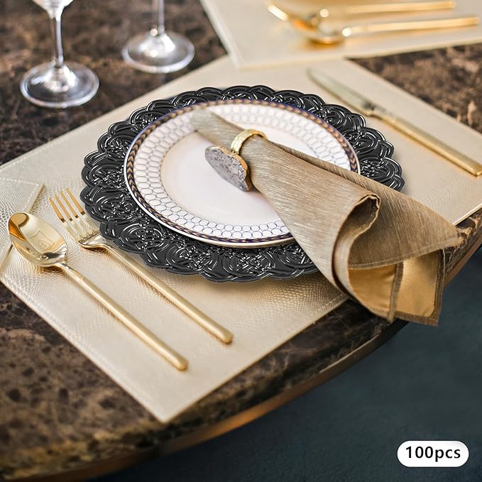 Black Plastic Charger Plates Set of 100, 13” Reusable Party Chargers for Dinner Plates, Elegant Round Service Plate Chargers Bulk Decorative for Wedding, Catering Table Decor