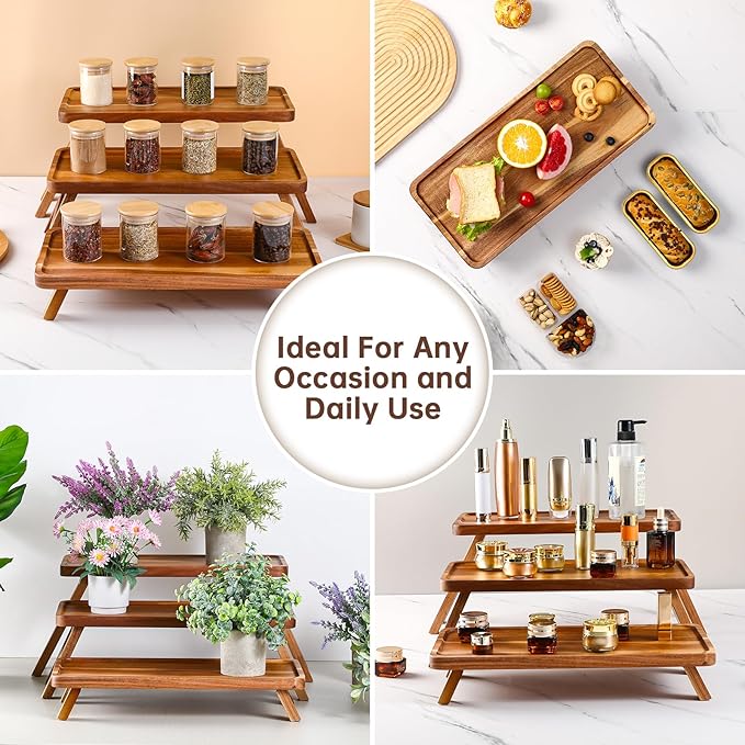 3 Tier Serving Tray 17 Inch Wooden Tiered Tray Stand Foldable Dessert Table Display Set Decor Charcuterie Boards Rustic Wood Platters Trays for Party Food Display