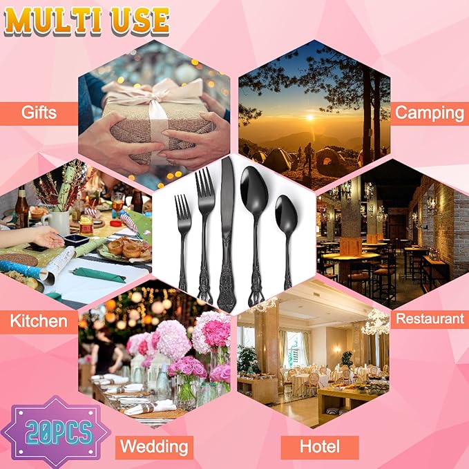 Vilihkc Gorgeous Retro Royal Stainless Steel 20 Pieces Flatware Set, Silverware Set, Anti-rust Stainless Steel Cutlery Set Utensils Including Fork Spoon and Knife