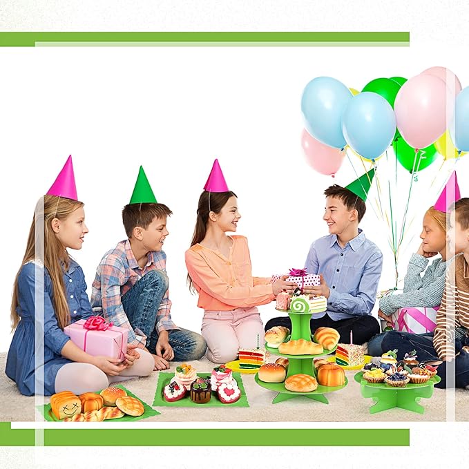 Zopeal 7 Pcs Dessert Table Display Set 3-Tier Cupcake Stand 1-Tier Cup Cake Display Tower Platters and Serving Trays Cardboard Cake Cookie Holders for Wedding Birthday Party Baby Shower(Green)