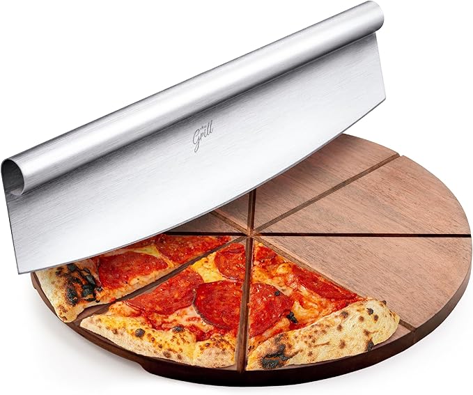 Hans Grill Pizza Cutting Board and Pizza Cutter Rocker Blade Gift Set Professional Stainless Steel Food Slicer with 13.5" Acacia Wooden Board Perfect for Slicing and Serving Pizza, Pies and Cheese