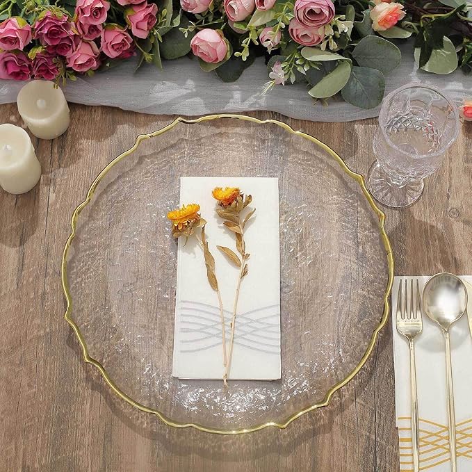 Efavormart 8 Pack | 13" Clear Glass Metallic Gold Scallop Edged Charger Plates For Events Table Decoration for Home & Professional Fine Dining, Catering, Dinner Parties, Weddings
