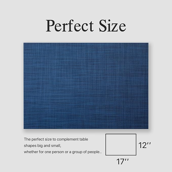 Placemats Set of 12 - Easy Clean Woven Vinyl Placemats for Dining Table, Indoor/Outdoor Place Mats, Washable PVC Table Mats(Navy Blue)