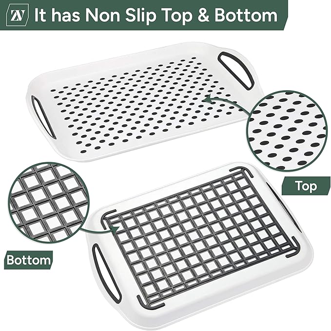 Zuvo Anti-Slip Food Serving Tray with Handles (Set of 2) โ BPA-Free Plastic, Lightweight & Durable โ Non-Slip Couch Trays for Eating & Drinks (White)