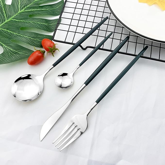 JASHII 24 Piece Titanium Green Plated Stainless Steel Flatware Set, Mouth Utensils Set, Cutlery Set Service for 6 (Green Handle, Shiny Silver)
