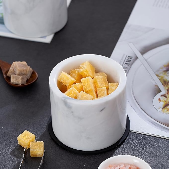Marble Sugar Bowl with Lid & Spoon, Sugar Container 11oz,Sugar Dispenser Handcrafted from Natural Marble, Smooth Inside (light white grey)