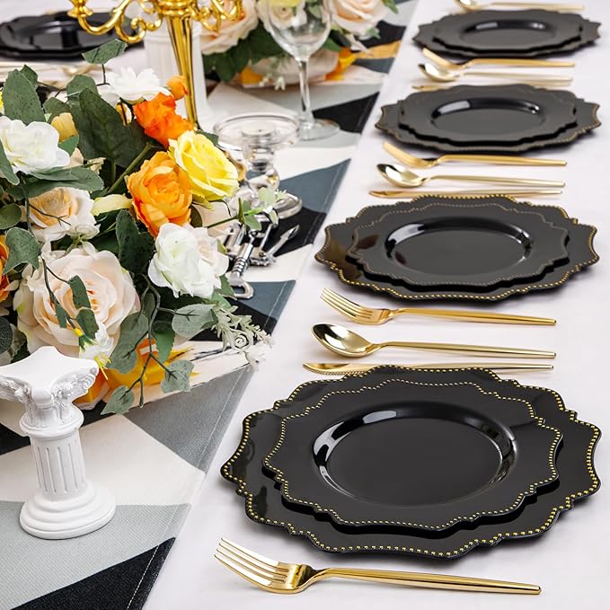 COLOSUS 60pcs Disposable Plastic Plates Set, Gold Black Party Plates, 30pcs Dinner Plates and 30pcs Salad/Dessert Plates for Wedding, Party, Anniversary, Daily Use,New Year