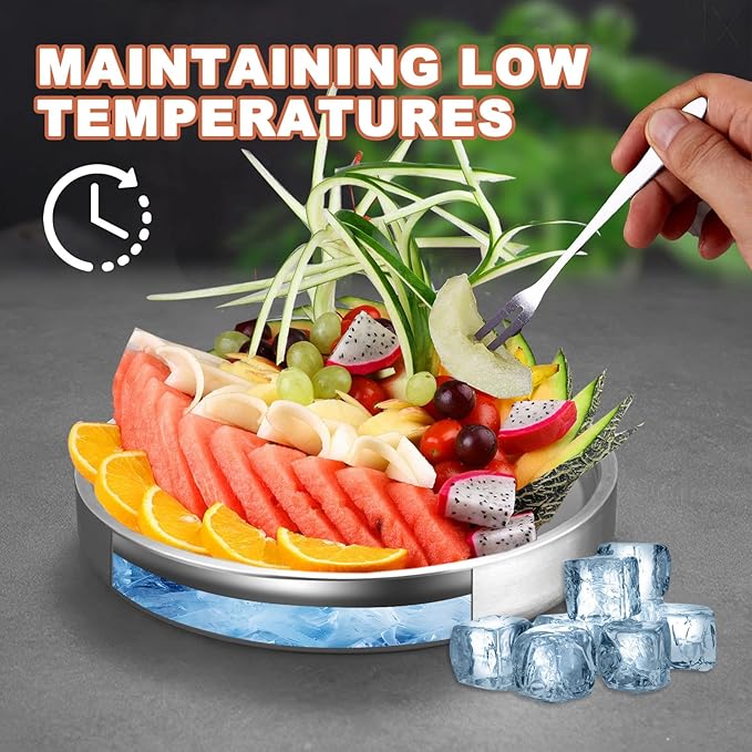 11" 304 Stainless Steel Cold Chilled Serving Tray with Ice Chamber, Silver Shrimp Cocktail Serving Dish, Appetizer Cooling Chilled Party Platter with Ice Underneath for Party Buffets (28cm)