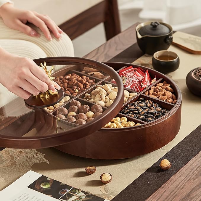 12" Wooden Serving Tray with Lid, 360° Rotating Snack Try, 9 Compartments, Platter Organizer for Snacks, Candy, Nuts, Chips, Tray for Party, Family Dinner and Holidays