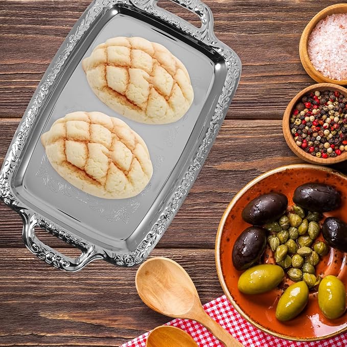 Cabilock Elegant Rectangular Silver Tray Mirrored Tray for Whiskey Decanter Candlesticks Vanity Perfume and Snack Bread Breakfast Fruit Serving Dish