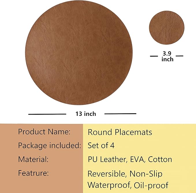 Jovono Embossed PU Leather Placemats, Waterproof Coffee Coasters, Kitchen Table Mats, Easy to Wipe Off for Dining Round Table