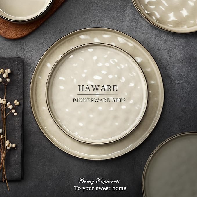 HaWare Dinnerware Sets, 6-Piece Plates and Bowls Set, Stoneware Dish Set for 2, Ceramic Dinnerware for Home Restaurant, Chip and Scratch Resistant, Microwave and Dishwasher Safe, Saturn Khaki