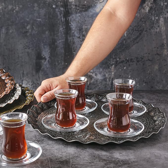 Coffee Tea Beverage Serving Tray, Vintage and Fancy Round Design (Antique Silver)