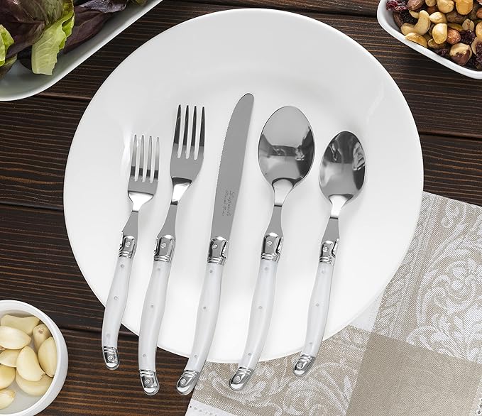 French Home Laguiole 20 Piece Flatware Set – Stainless Steel Flatware Set for 4 – Luxurious Pearl White Utensil Set with Knives, Spoons and Forks