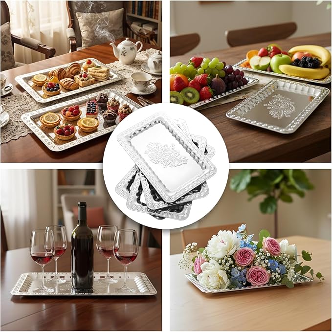 6 Pcs Silver Serving Trays, 13.8" x 8.7" Stainless Steel Rectangle Serving Tray, Decorative Silver Plates, Swirl Floral Engraved Tray, Metal Sizzler Plates for Coffee Table, Bar, Party, Club, Home