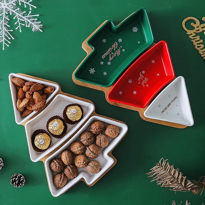 Colorful 11.6 Inches Big Colorful Snack Appetizer Trays Set, Christmas Tree Dessert Serving Dishes, Snack Platter, 3 pcs Removable Porcelain Plates with Bamboo Tree Tray