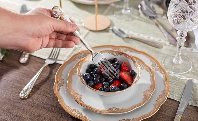 40 Piece Flatware Set - Includes 5 Piece Hostess Set - Vintage Design Handle with Gold Detailing - 18/10 Stainless (45 Piece, Lucca)