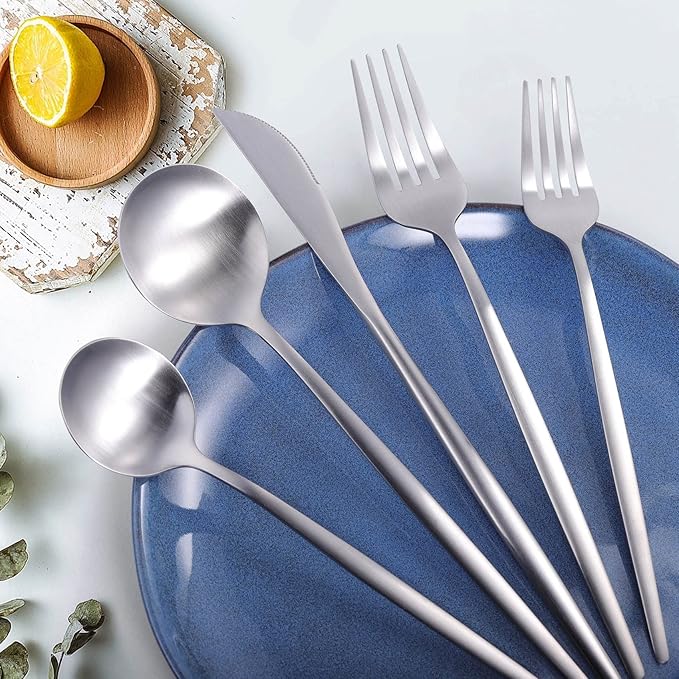 Silverware Set for 8, MIKIWAY 40 Pieces Stainless Steel Flatware Set, Matte Cutlery Tableware Set, Kitchen Utensils Set Include Spoons And Forks Set, Satin Polished, Dishwasher Safe