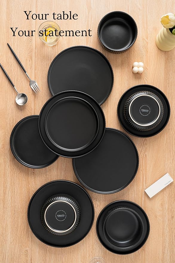 Modern Plates and Bowls Set for 6,18 Piece Black Ceramic Dinnerware for Stylish Families – Microwave Safe Dish Set for Daily Dining
