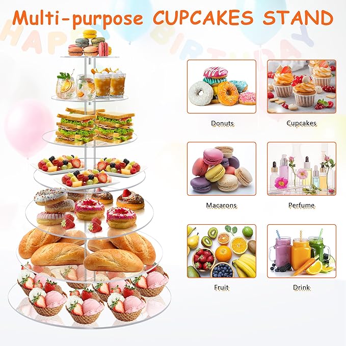 7 Tier Large Cupcake Stand, Round Cupcake Stand for 100 Cupcakes, Tiered Cupcake Display Stand, Clear Acrylic Cup Cake Tower Stand, Dessert Table Display Set for Gatherings and Celebrations