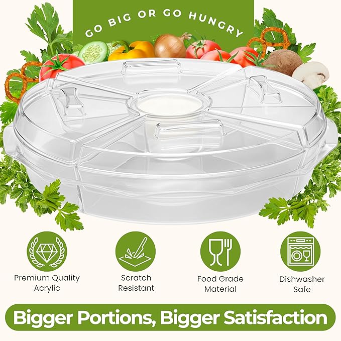Chef's Star 16" Food Tray with Ice Compartment & Lid - 8 Section with Dip Holder Clear Acrylic Chilled Bowl for Lunch, Picnics & Parties
