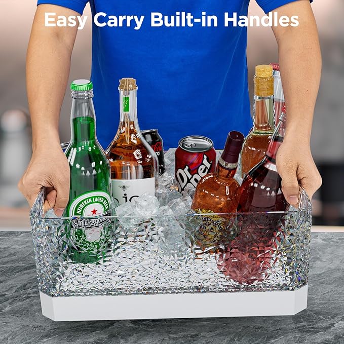 Plastic Ice Bucket for Parties, 15Liter / 4 Gallon Big Large Clear Beverage Tub for Champagne Beer Drink Wine Cocktails Bar, Hosting Party Essentials, LED Light Up, Rectangular, Leakproof