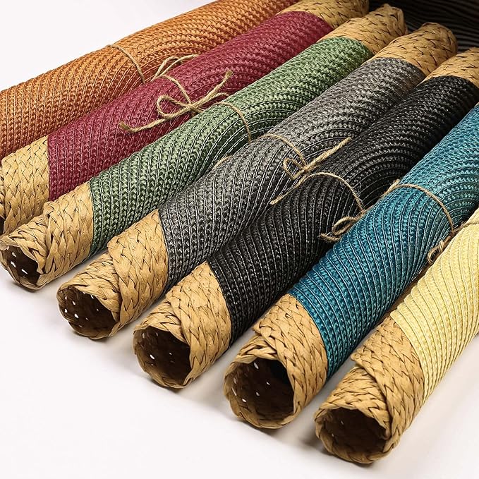 Noctiflorous Round Placemats Set of 6, 15 Inch Braided Hand Woven Table Mats, Heat Resistant Non-Slip Wipeable Wide Edge Place Mats for Kitchen Dining Indoor Outdoor Use(Blue, 6)