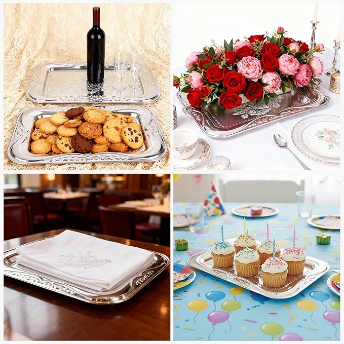 6 Packs Silver Serving Trays, 13.8" x 8.7" Bow Floral Engraved Mirror Decorative Tray, Stainless Steel Trinket Tray, Retro Vintage Embossing Rectangle Reusable Party Platters, for Tea Coffee Fruit Des