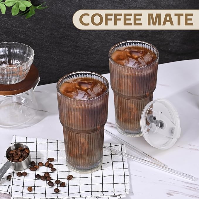 AFINSEA 20OZ Glass Tumbler with Straw and Lid,Glass Cups with Lids and Straws,4PCS Ribbed Iced Coffee Cups Vintage Glassware for Juice Whiskey Cocktail Beer