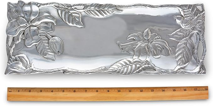 Arthur Court Designs Aluminum Magnolia Flower Metal Oblong Tray/Platter, 19 x 6 inches - Handcrafted Magnolia Blossoms and Twisting Branches, Freezer & Oven Safe, Engravable, Ideal for Wedding