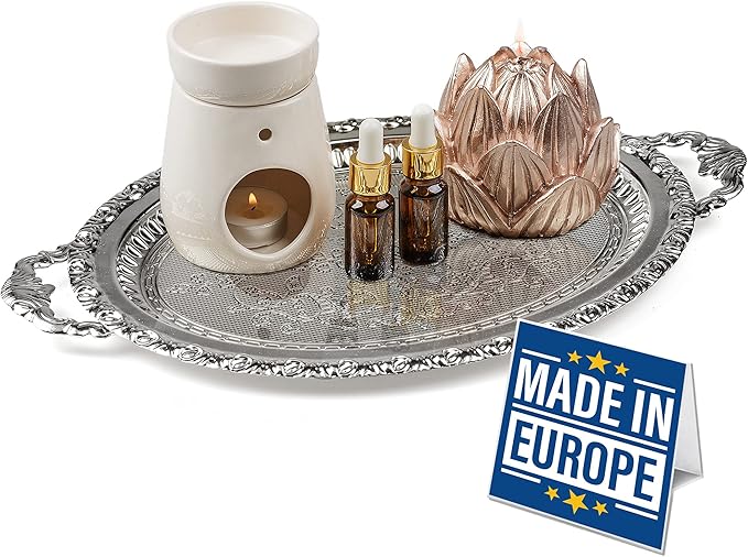 Crystalia Silver Metal Ottoman Coffee Tea Beverage Serving Tray, Large Fancy Decorative Ellipse Design, Vintage Cocktail Tray, Elegance Oval Serving Trays for Ottomans