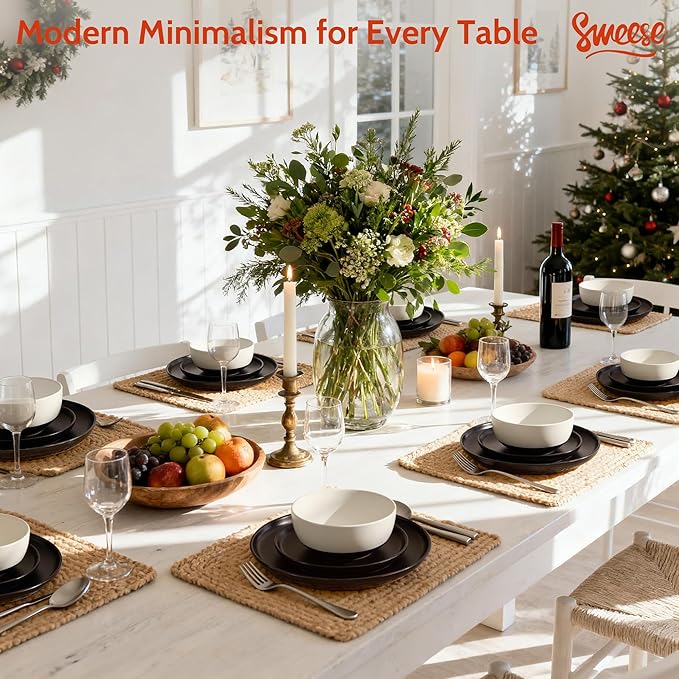Sweese Dinnerware Sets Service for 6, 18 pcs Matte Glaze Plates and Bowls Sets, Handmade Porcelain Dish Set, Highly Chip and Crack Resistant Modern Dinner Set, Black White