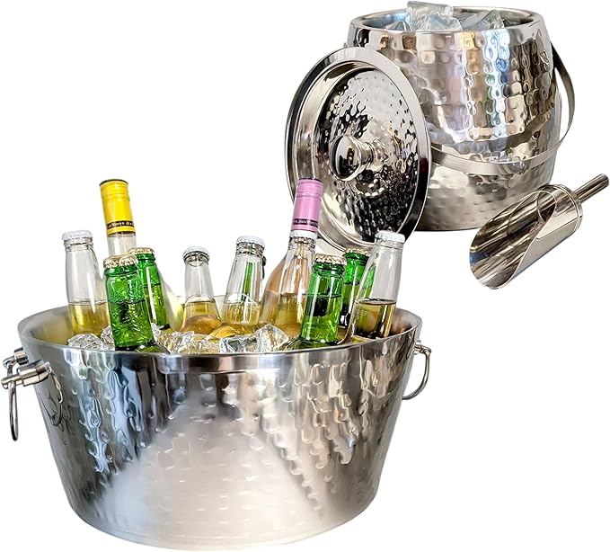 BREKX Stainless Steel Beverage Tub and Ice Bucket with Lid and Scoop Party Combo Pack, Silver Double-Walled Insulated Barware Set