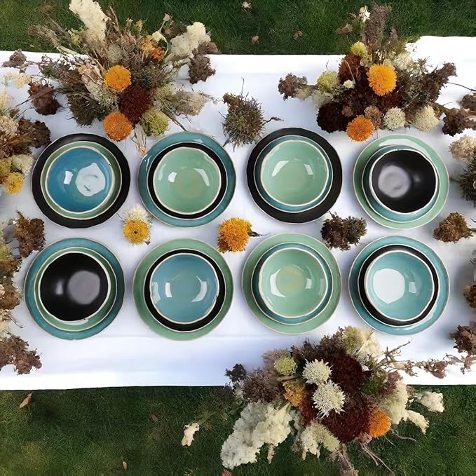 12pcs Dinnerware Set Service for 4, Handmade, Stoneware,Ceramic, Dish Set, Plates and Bowls set, Dinner Set, Reactive Glazed, Microwave and Dishwasher Safe (GREEN)