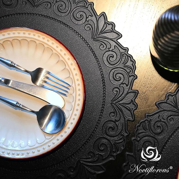Noctiflorous Round Faux Leather 15 Inch Placemats Set of 6 Waterproof Wipeable Heat Resistant Tablemat for Dining Table Kitchen Non Slip Washable Oilproof Table Place Mat for Indoor Outdoor(Black, 6)
