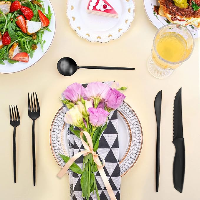24-Piece Matte Black Tableware Set with Steak Knives,Black Flatware Set for 4,Stainless Steel Kitchen Utensil Set Include Spoons And Forks Set, Dishwasher Safe