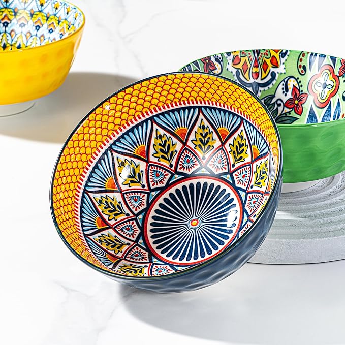 HENXFEN LEAD Ceramic Cereal, Soup Bowls Set of 6-25 Oz Porcelain Serving Bowls for Dinner, Pasta, Salad, Oatmeal, Microwave & Dishware Safe - Bohemian Style