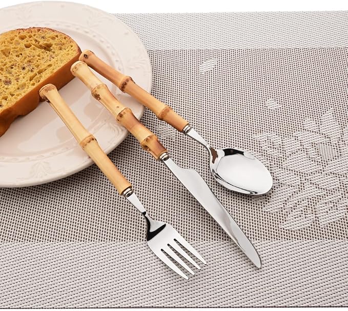 Gugrida 20pcs Flatware Silverware Serving Set Silver Stainless Steel Hostess Serving Utensil Set with Bamboo Handle Dishwasher Safe, 20pieces Service for 4
