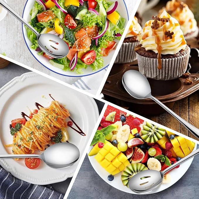 Serving Spoons Set, Includes 3 Spoon and 3 Slotted Spoon, Stainless Steel Serving Utensils for Banquet, Cooking and Kitchen Gdotmely Large Serving Spoons