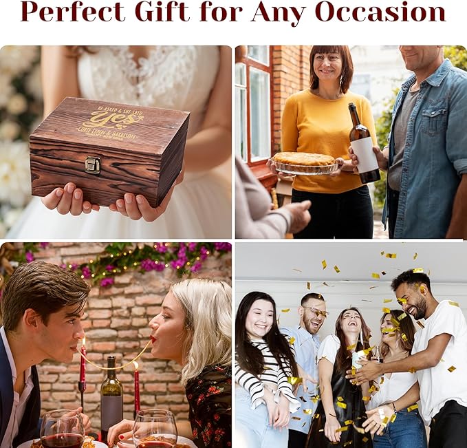 Custom She Asked Said Yes Bride Groom Wedding Engraved Set of 2 Stemless Wine Glasses and Accessories with Wood Box Design Your Own Personalized Gift for Him Her Couples