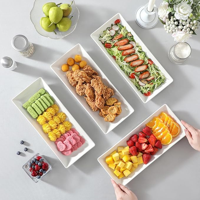 MALACASA Serving Platters Set of 4, Ceramic Serving Platters and Trays for Serving Food, Rectangular Serving Trays for Party, Large Serving Plates, Party Serving Trays and Platters - 14 Inch, White