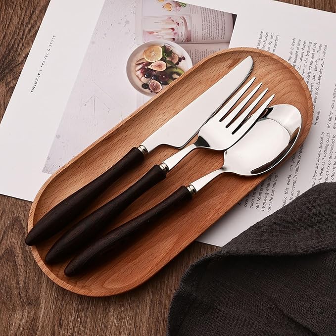 304 Stainless Steel Flatware Silverware Set with Wooden Handles, Rustic Tableware Cutlery Set for 6, Natural Wood Grain Knives Forks Spoons Set, (24 PCS, Wenge Wood Handle)