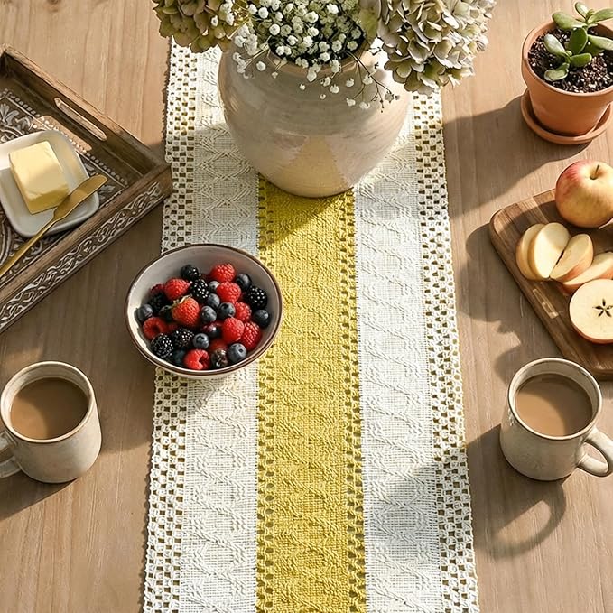 Artoid Mode Yellow Farmhouse Rustic Table Runner, Seasonal Holiday Hollow Kitchen Dining Table Decoration for Home Party Decor 12x48 Inch