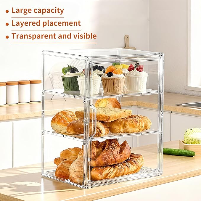 Pastry Display Case,Bread Box for Kitchen Countertop,3 Layers Adjustable Clear Bread Storage with Magnetic Door Small Bakery Pastry Display, 2 Pack