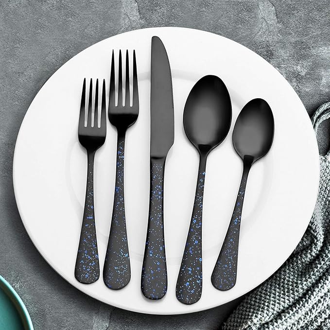 O.C.E. Matte Black Silverware Set, Stainless Steel Flatware, 20-Piece Tableware Cutlery Service for 4, Satin Finish Utensils, Dishwasher Safe (Starry Blue)