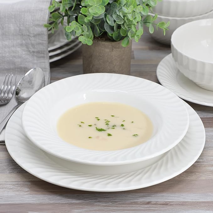 Elama Julia 16 Piece Scalloped Double Bowl Porcelain White Dinnerware Set, Serveware, Tableware, Bowls, Plate Set (Julia)