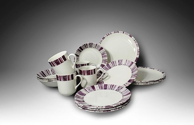 Tudor 16-Piece Premium Quality Round Porcelain Dinnerware Set,BOHEME PURPLE, Service for 4, See 10 Designs Inside!