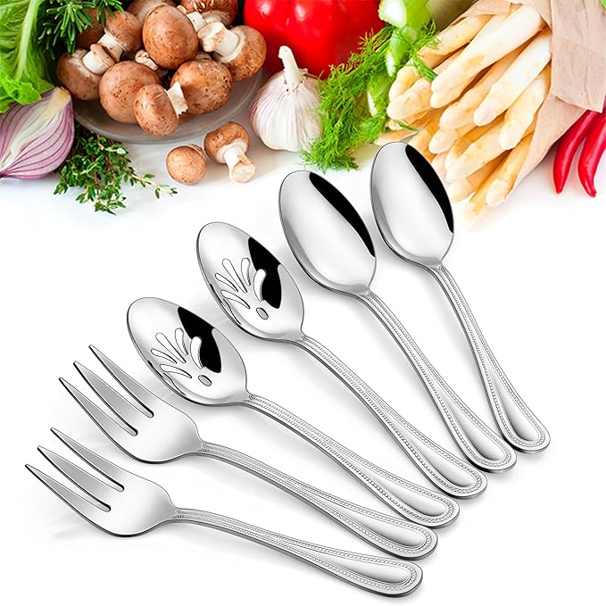 HaWare 6 Pieces Serving Set, Stainless Steel Silverware Serving Utensils, Pearled Edge Hostess Silverware for Buffet Party Kitchen Restaurant, Mirror Finished & Dishwasher Safe